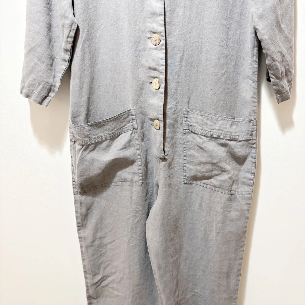 Zara The Lillian Jumpsuit Linen Size Small Gray Front Pockets V Neck Boiler Suit